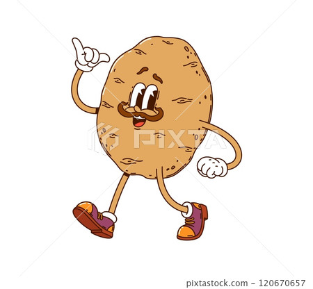 Cartoon groovy potato vegetable character. Isolated vector adorable ripe farm food personage wearing sneakers and gloves, with happy smiling face expression and mustaches, exudes retro funky vibe Cartoon groovy potato vegetable character. Isolated vector adorable ripe farm food personage wearing sneakers and gloves, with happy smiling face expression and mustaches, exudes retro funky vibe 120670657