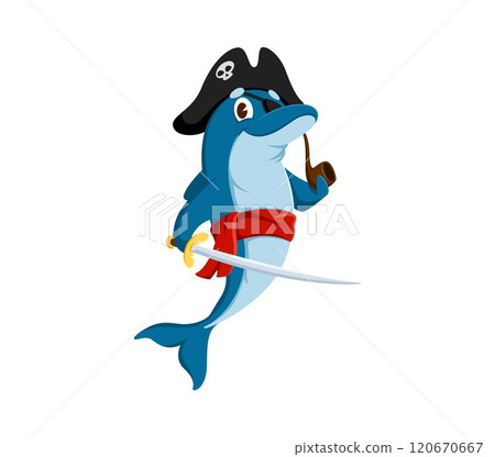 Cartoon dolphin pirate corsair animal character. Vector underwater rover personage wear captain tricorn hat and saber, smoking pipe and navigates the high seas seeking treasures and aquatic adventures 120670667