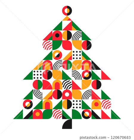 Christmas pine tree greetings banner of geometric pattern decorations, vector art design. Christmas tree of abstract geometric shapes and mosaic pattern for winter holiday and New Year greeting 120670683