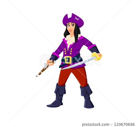 Cartoon woman pirate, privateer sailor comical character. Caribbean pirate lady bandit cheerful isolated vector mascot, filibuster female captain or corsair sailor personage with pistol and sword 120670686