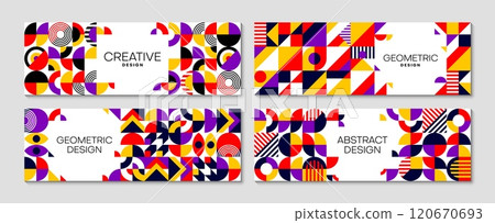 Business horizontal banners, abstract modern geometric Bauhaus pattern. Corporate identity or presentation vector banners, company promotion leaflets with abstract, geometrical shapes background 120670693