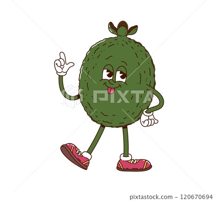Cartoon groovy feijoa fruit character cheerfully smiling with happy expression and finger up gesture. Isolated vector funny tropical fruit retro personage exudes happiness and playful hippie vibe 120670694