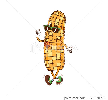 Cartoon corn cob groovy fast food character. Isolated vector retro cheerful maize farm vegetable personage with ripe kernels, wearing trendy shoes, peace sign pendant and sunglasses walking for outing 120670708