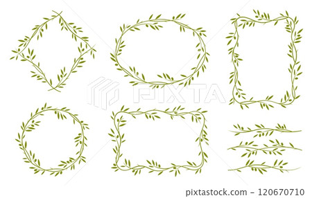 Olive leaves frames, dividers and borders. Elegant floral and nature-themed rectangular, oval, diamond shapes for invitations, photo frames, decorative elements for menu in natural Mediterranean style Olive leaves frames, dividers and borders. Elegant floral and nature-themed rectangular, oval, diamond shapes for invitations, photo frames, decorative elements for menu in natural Mediterranean style 120670710