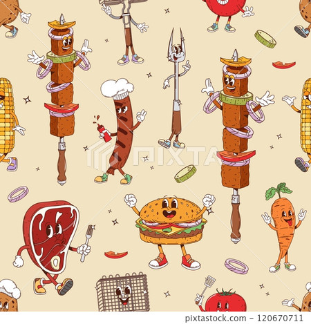 Groovy barbeque characters, bbq grill personages pattern. Vector seamless tile background with cartoon skewer, sausage, burger, corn, steak and vegetables with cheerful expressions and playful poses 120670711