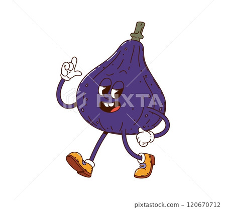 Cartoon groovy figs fruit character with a joyful expression, wearing sneakers and making pointing sign. Isolated vector vibrant purple fig retro personage exudes a fun, energetic, and nostalgic vibe 120670712