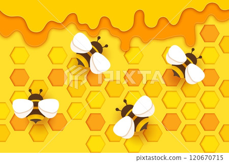 Paper cut honeycombs and honey bee vector background. Hive combs and beehive hexagon cells 3d paper cut layered banner with border of yellow honey dripping flow and origami bees, beekeeping farm food Paper cut honeycombs and honey bee vector background. Hive combs and beehive hexagon cells 3d paper cut layered banner with border of yellow honey dripping flow and origami bees, beekeeping farm food 120670715
