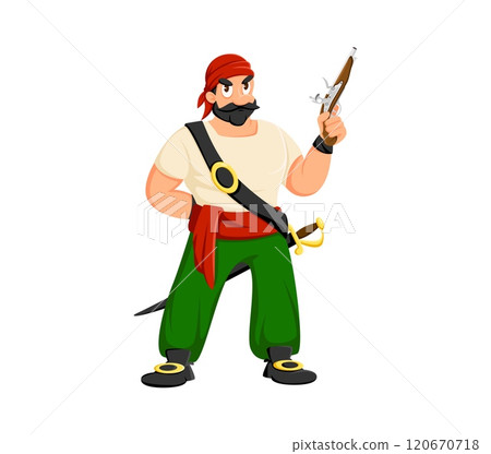 Cartoon pirate, filibuster bandit funny character. Caribbean pirate boatswain childish isolated vector personage, filibuster bandit happy mascot or corsair captain character armed wit sabre and pistol Cartoon pirate, filibuster bandit funny character. Caribbean pirate boatswain childish isolated vector personage, filibuster bandit happy mascot or corsair captain character armed wit sabre and pistol 120670718