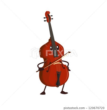 Cartoon funny contrabass, double bass character with expressive face and bow in hand. Isolated vector musical string instrument personage with smiling face playing classic music on philharmonic stage Cartoon funny contrabass, double bass character with expressive face and bow in hand. Isolated vector musical string instrument personage with smiling face playing classic music on philharmonic stage 120670720