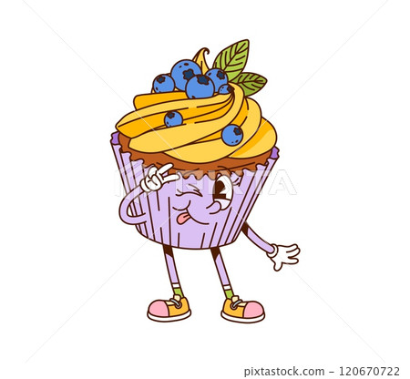 Cartoon groovy cupcake fast food character. Isolated vector blueberry muffin retro personage exudes funky hippie vibes, flaunting a peace gesture, blending sweetness and charm with touch of nostalgiaV Cartoon groovy cupcake fast food character. Isolated vector blueberry muffin retro personage exudes funky hippie vibes, flaunting a peace gesture, blending sweetness and charm with touch of nostalgiaV 120670722