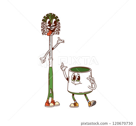 Cartoon groovy toilet brush and holder cleaning, washing or household characters with smiling faces. Isolated vector housekeeping tools, retro personages ready to clean bathroom with hippie vibes 120670730