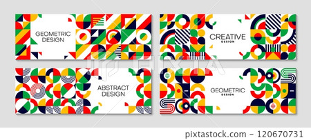 Business horizontal banners with abstract modern geometric bauhaus pattern mixing red, blue, yellow and green colored shapes. Vector dynamic cover templates for contemporary branding and advertising 120670731