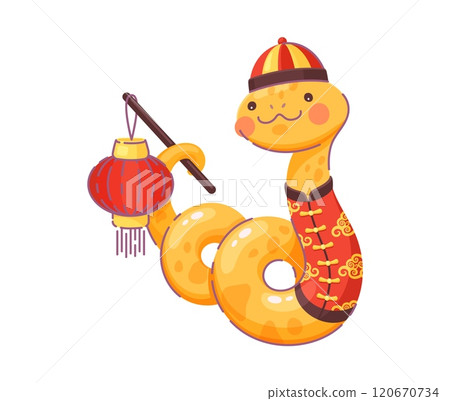 2025 lunar year cartoon snake character holding red lantern. Vector cheerful reptile dressed in traditional festive Chinese hat and jacket adorned with gold details celebrating the lunar new year 2025 120670734