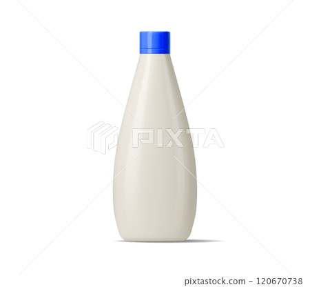 Mayonnaise sauce plastic bottle package with a blue cap. Isolated realistic 3d vector container filled with mayo condiment. Food packaging for storing product, cooking and culinary presentations 120670738