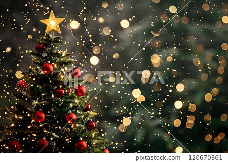 Christmas Tree with Star, Ornaments, Lights, and Festive Bokeh 120670861