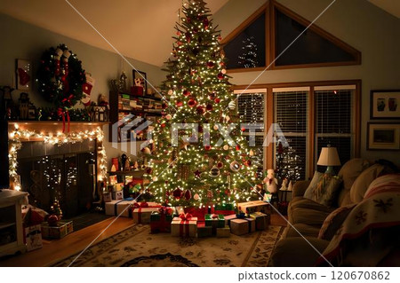 Cozy Christmas Evening: A Festive Home Scene with Decorated Tree and Gifts Cozy Christmas Evening: A Festive Home Scene with Decorated Tree and Gifts 120670862
