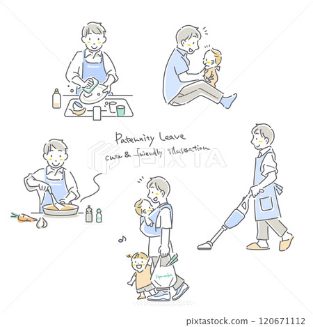 Set of young men doing housework and childcare, taking parental leave, simple and stylish line drawing illustration Set of young men doing housework and childcare, taking parental leave, simple and stylish line drawing illustration 120671112