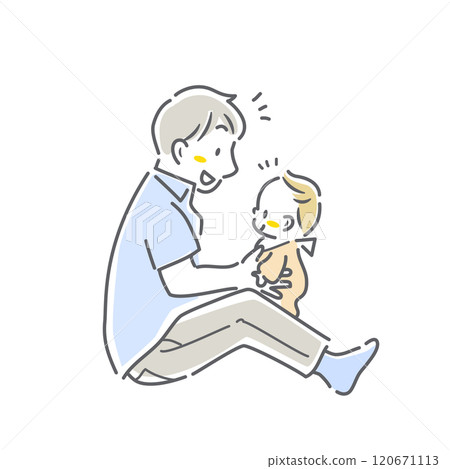 一位年輕的父親和他的孩子玩耍 — 簡單而時尚的線條畫插圖 一位年輕的父親和他的孩子玩耍 — 簡單而時尚的線條畫插圖 120671113