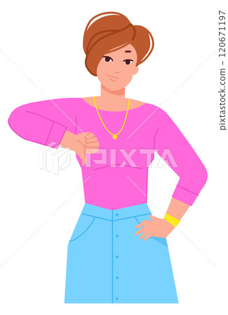 Thumb down gesture. Disapproval sign. Woman show negative Thumb down gesture. Disapproval sign. Woman show negative 120671197