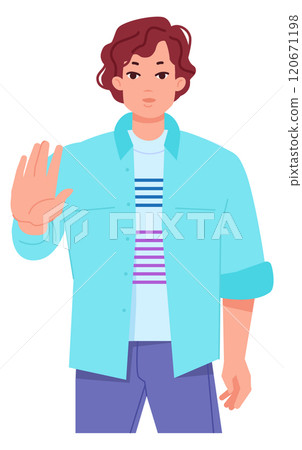 Refusing young man. No or stop hand gesture Refusing young man. No or stop hand gesture 120671198