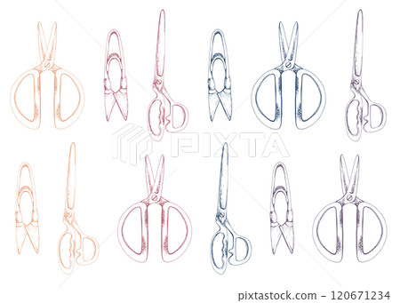 Fabric scissors shears thread cutting snips, sewing craft embroidery supplies tools. Hand drawn ink vector illustration. Set of objects isolated on white background. Design atelier, tailor, hobby shop Fabric scissors shears thread cutting snips, sewing craft embroidery supplies tools. Hand drawn ink vector illustration. Set of objects isolated on white background. Design atelier, tailor, hobby shop 120671234