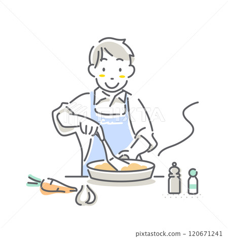 A young man cooking for himself / Taking parental leave / Simple and stylish line drawing illustration 120671241