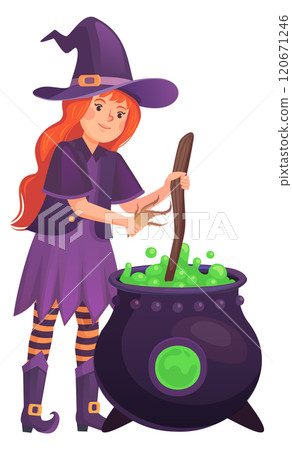 Witch girl boiling magic green potion in cauldron Witch girl boiling magic green potion in cauldron 120671246
