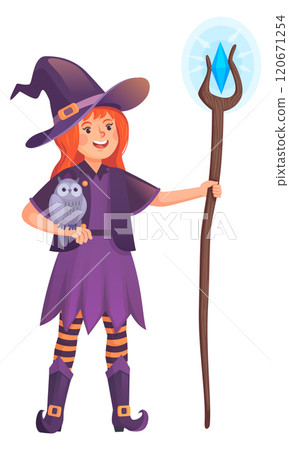 Magic crystal staff in witch hand. Cartoon character Magic crystal staff in witch hand. Cartoon character 120671254