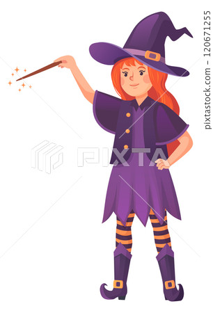 Witch girl with magic wand. Witchcraft spell icon Witch girl with magic wand. Witchcraft spell icon 120671255