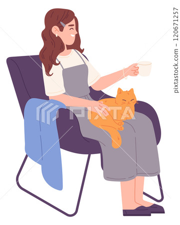 Cozy home evening girl with hot cup and cat 120671257