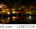 Illuminated autumn leaves and a bridge reflected in the pond at Daigoji Temple 120671316