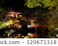 Illuminated autumn leaves and a bridge reflected in the pond at Daigoji Temple 120671318