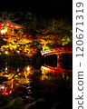 Illuminated autumn leaves and a bridge reflected in the pond at Daigoji Temple 120671319