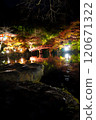 Illuminated autumn leaves and a bridge reflected in the pond at Daigoji Temple 120671322
