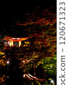 Illuminated autumn leaves and a bridge reflected in the pond at Daigoji Temple 120671323