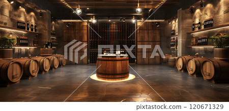 Modern wine cellar with wooden barrels in winery industry environment 120671329