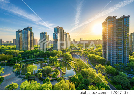 Futuristic business buildings and green spaces_Evening view 1 120671351