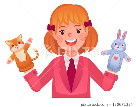 Puppet theater dolls on girl hands. Happy kid Puppet theater dolls on girl hands. Happy kid 120671354