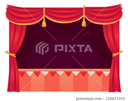 Puppet theater scene. Red curtain empty stage 120671355