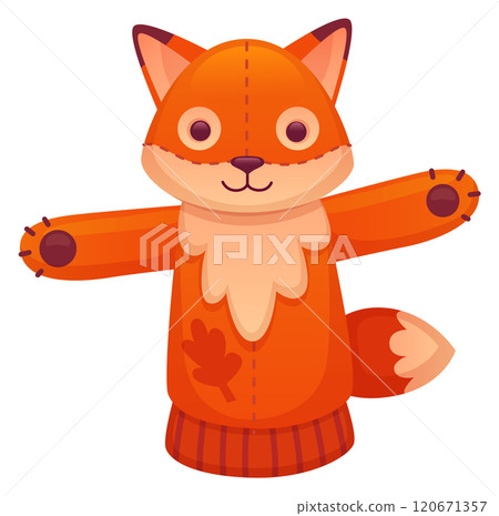Fox puppet. Sock toy cartoon animal doll Fox puppet. Sock toy cartoon animal doll 120671357