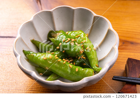 Fushimi chili peppers stir-fried with miso Fushimi chili peppers stir-fried with miso 120671423