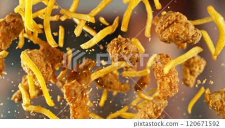French Fries with Chicken Pieces Flying up in the Air. 120671592