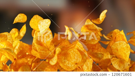 Flying Pepper Potato Chips, Fried Potatoes Flying up in the Air. 120671601