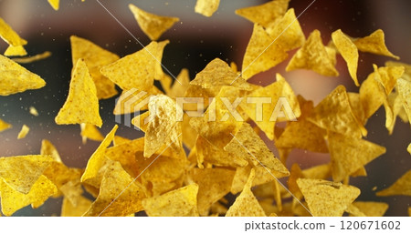Flying Tortilla Chips, Mexican Nachos Flying up in the Air. 120671602