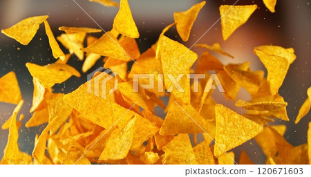 Flying Pepper Tortilla Chips, Mexican Nachos Flying up in the Air. 120671603
