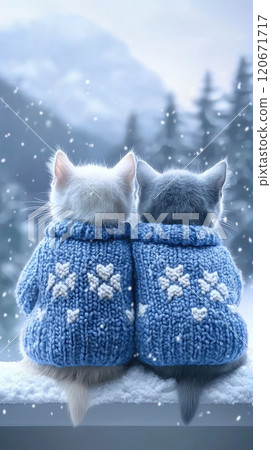Two adorable cats sit side by side on a snowy ledge, dressed in matching blue knit sweaters adorned with snowflake patterns. Postcard, poster. Generated by AI. Two adorable cats sit side by side on a snowy ledge, dressed in matching blue knit sweaters adorned with snowflake patterns. Postcard, poster. Generated by AI. 120671717