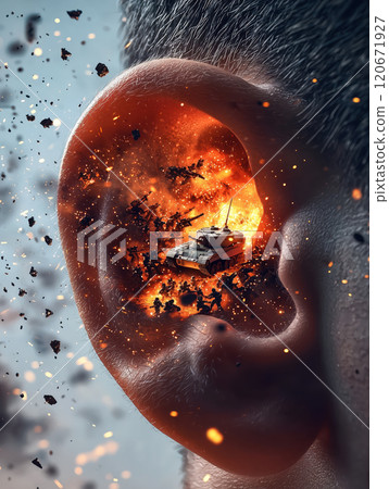 Within the ear, tanks and soldiers are engulfed in flames and explosions, representing the internal struggle and torment. Within the ear, tanks and soldiers are engulfed in flames and explosions, representing the internal struggle and torment. 120671927