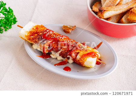 Cheese sopan with ketchup and mustard Cheese sopan with ketchup and mustard 120671971