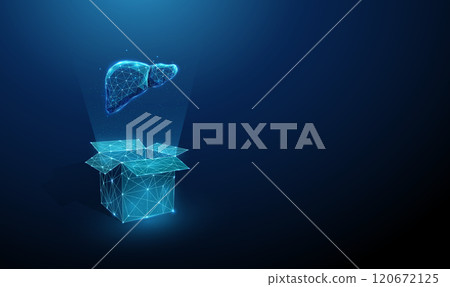 Abstract blue open box and human liver. Organ transplantation concept. Low poly futuristic digital technology neon style 120672125