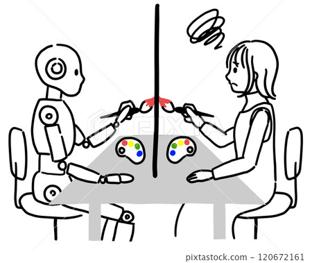Illustration of a troubled woman drawing a picture facing an AI 120672161